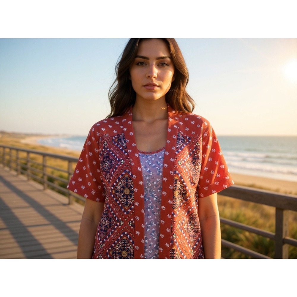 Wonderly Women Red Patterned Kimono Cardigan Open Front Short‎ Sleeve Sz M boho
